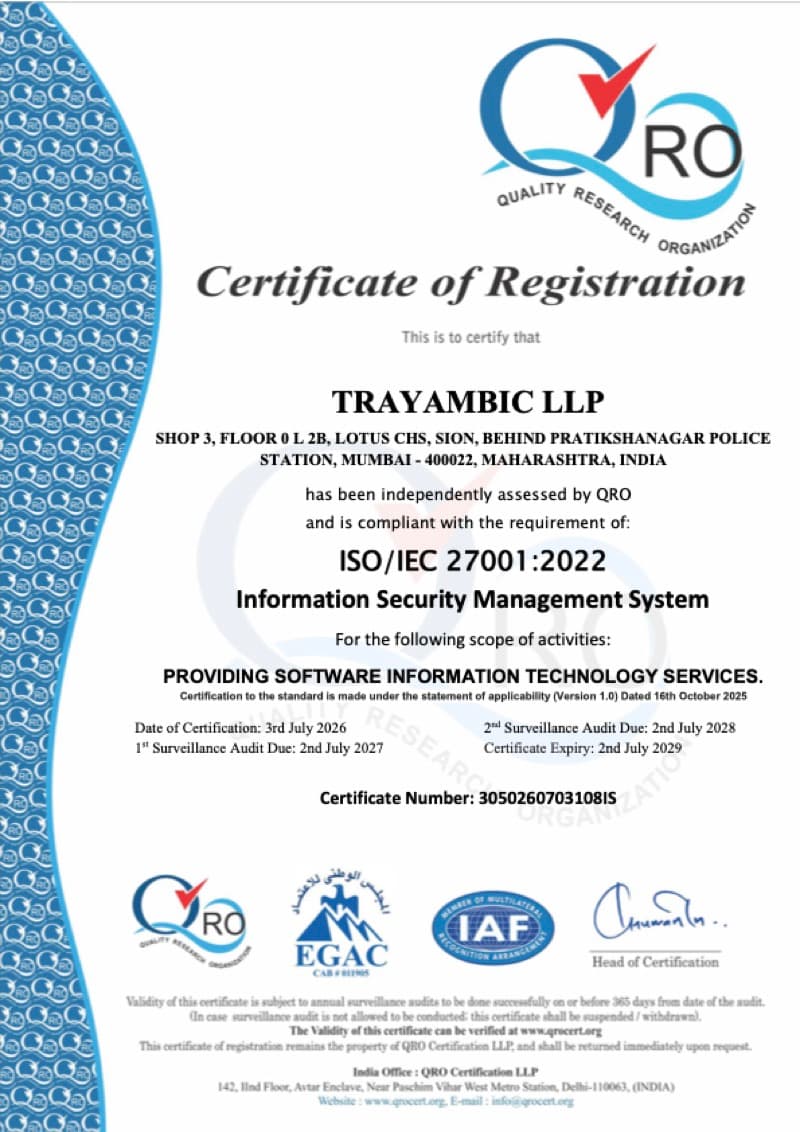 ISO 27001 certificate issued to Trayambic LLP