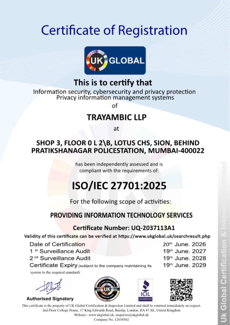 ISO 27701 certificate issued to Trayambic LLP