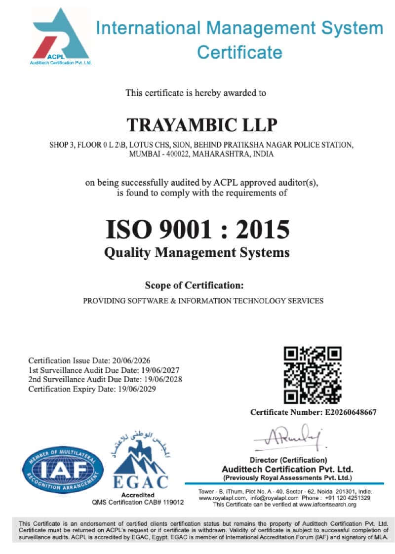 ISO 9001 certificate issued to Trayambic LLP