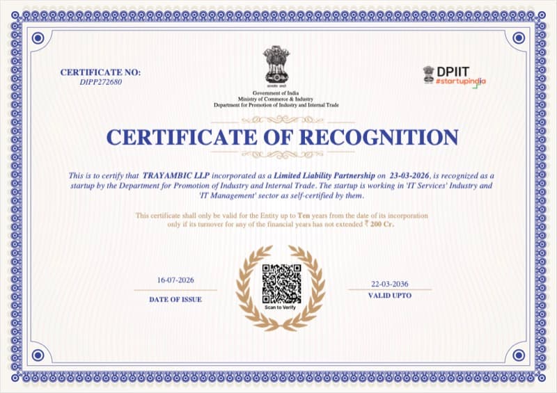 Startup India certificate issued to Trayambic LLP